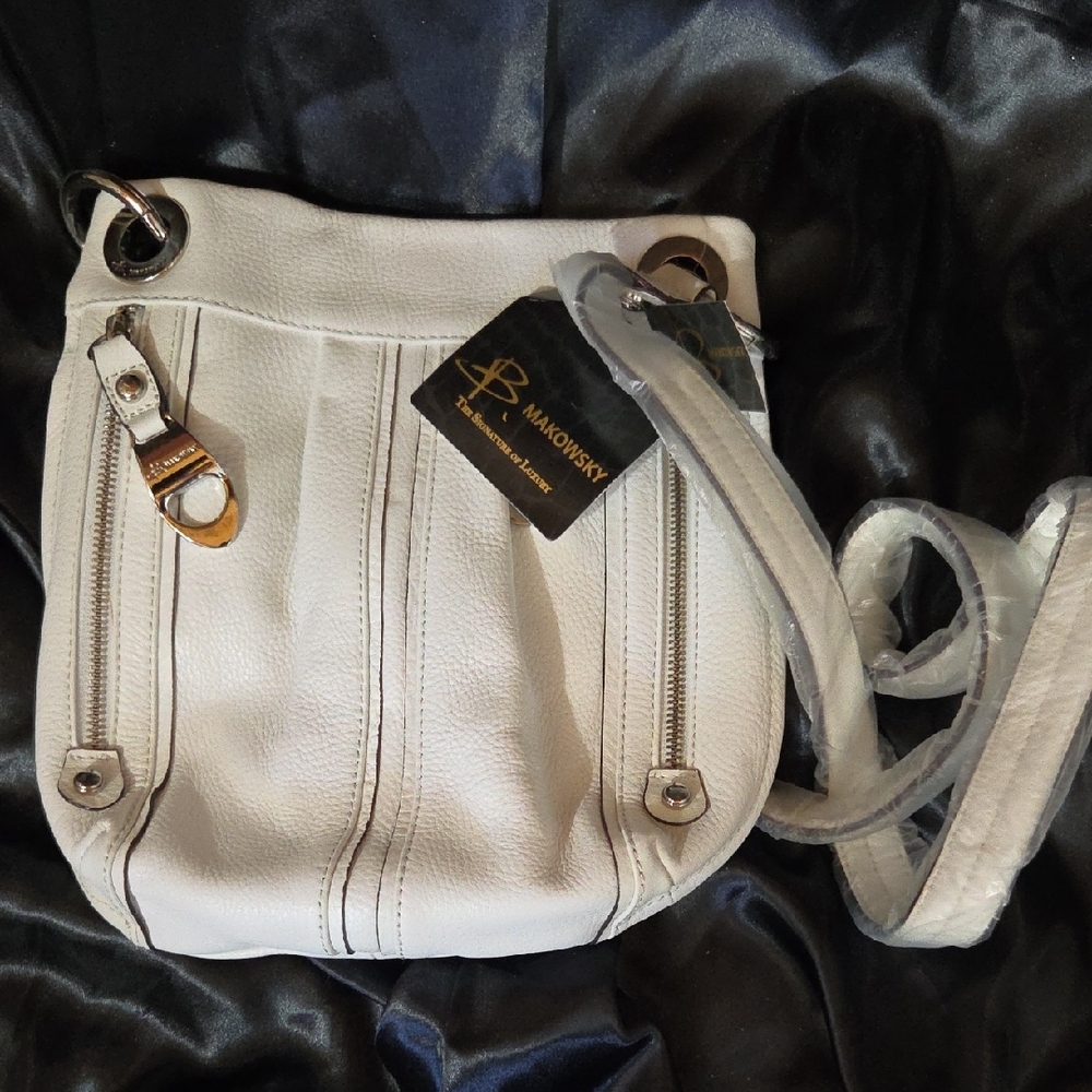 b. makowsky White Leather Small Crossbody with Silver Hardware NWT